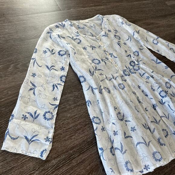 CP Shades Blue Floral Print Linen Dress Size Small Long Sleeve Peasant Tunic EUC - Picture 14 of 16